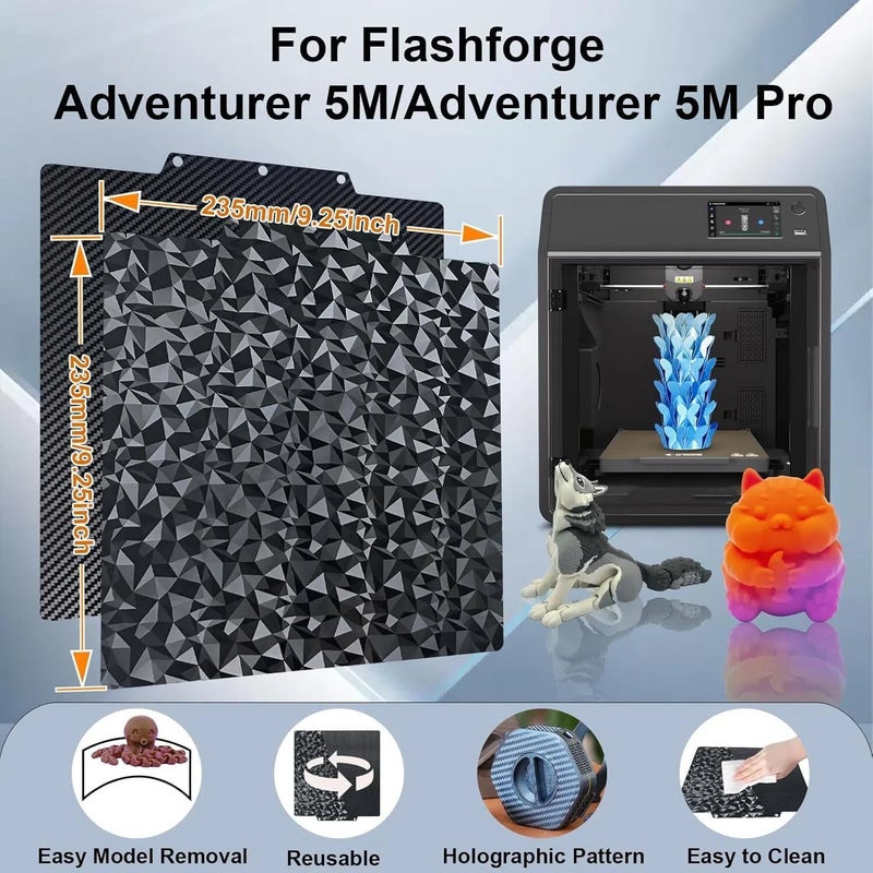 IdeaFormer-3D لوحة بناء PEO PET لطابعة Flashforge Adventurer 5M/5M Pro/AD5X، لوحة سرير مرنة من الفولاذ الربيعي PEO+ألياف الكربون PET بحجم 235x235 مم لطابعة Flashforge Adventurer AD5M/AD5X - Image 2